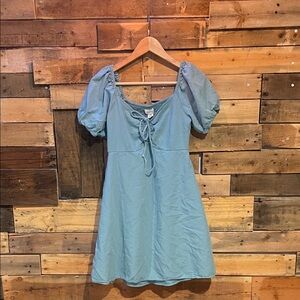 Elegant Blue Puff Sleeve Mini Dress